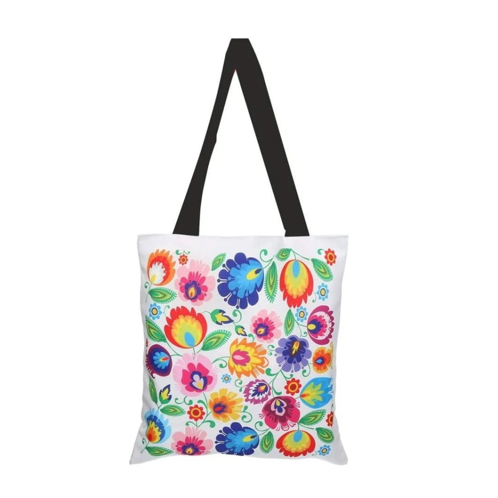 Nákupná taška s dlhým uchom - kvety na bielom pozadí