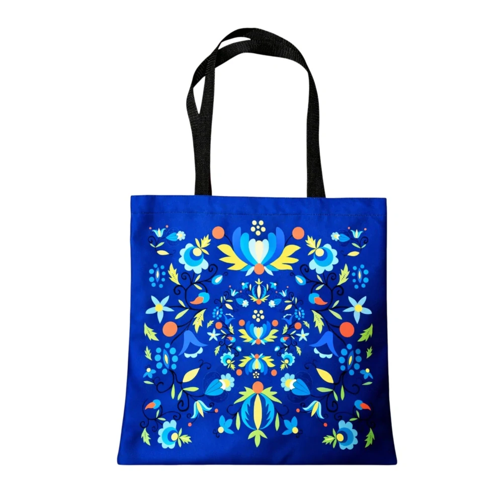 Nákupná taška s dlhým uchom - kvety na modrom pozadí