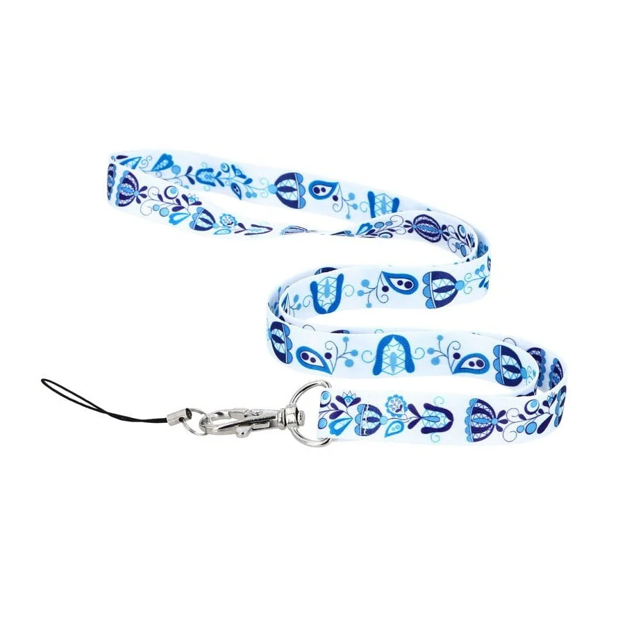 Stuha na kľúče 1,5cm- biela s modrými kvetmi