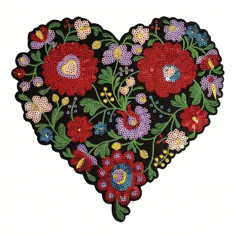 Veľká flitrová nažehľovačka - ľudové srdce červené ruže 20 x 21cm