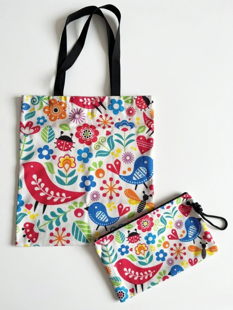 Nákupná taška + kozmetická taštička - farebné vtáčiky