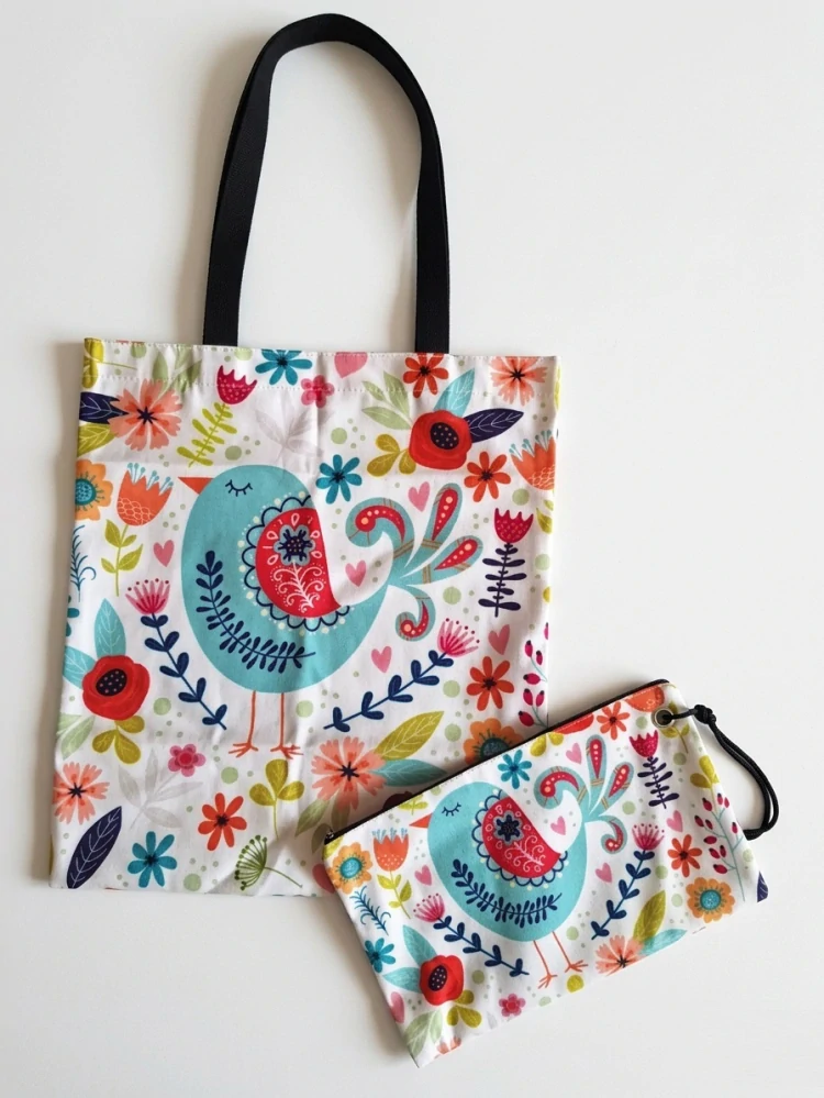 Nákupná taška + kozmetická taštička - tyrkysový vtáčik