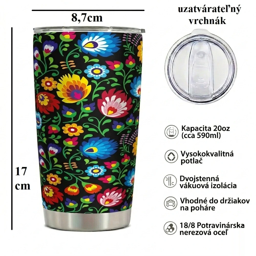 Nerezový termopohár uzatvárateľný vrchnák 590ml - kvety na čiernom pozadí