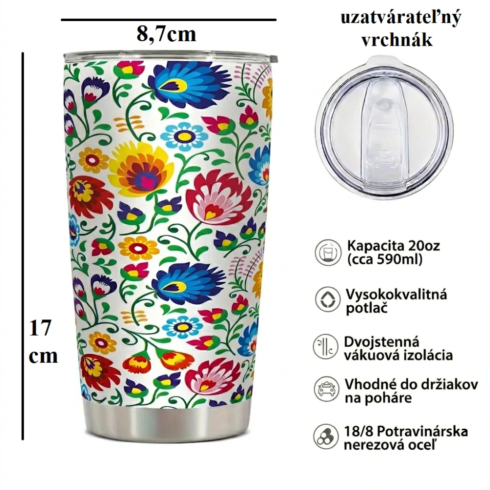 Nerezový termopohár uzatvárateľný vrchnák 590ml - kvety na bielom pozadí