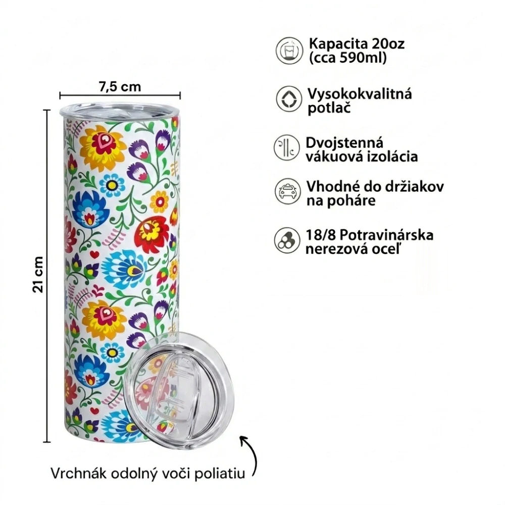 Nerezový termopohár uzatvárateľný vrchnák 590ml "tumbler"- kvety na bielom pozadí