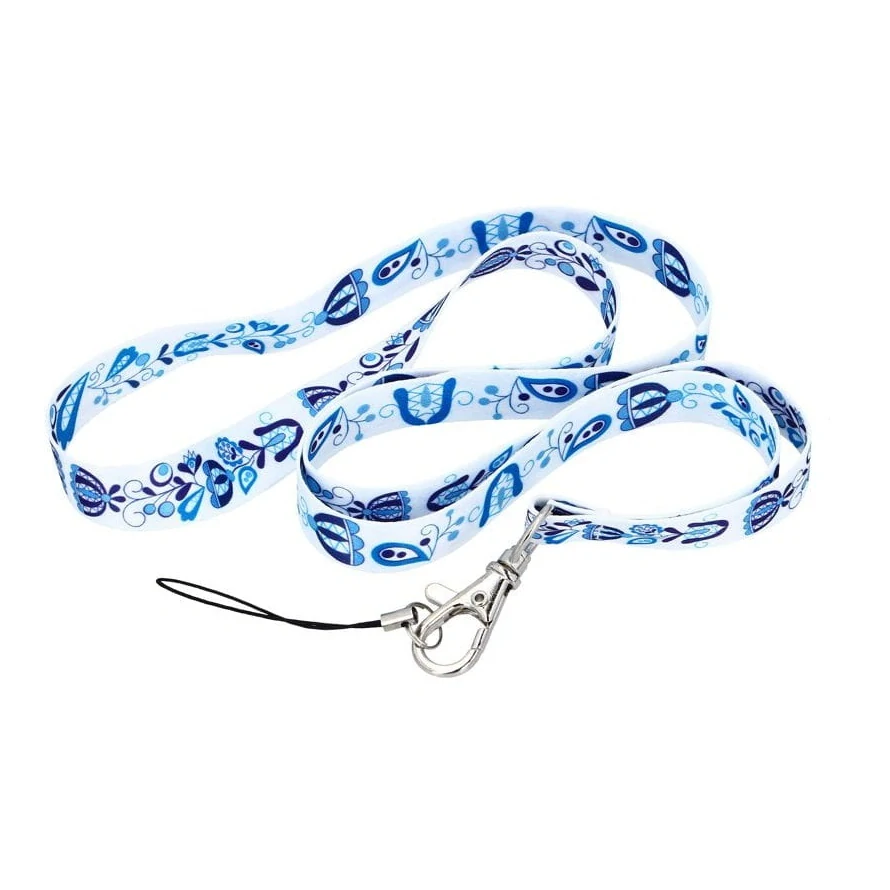 Stuha na kľúče 1,5cm- biela s modrými kvetmi