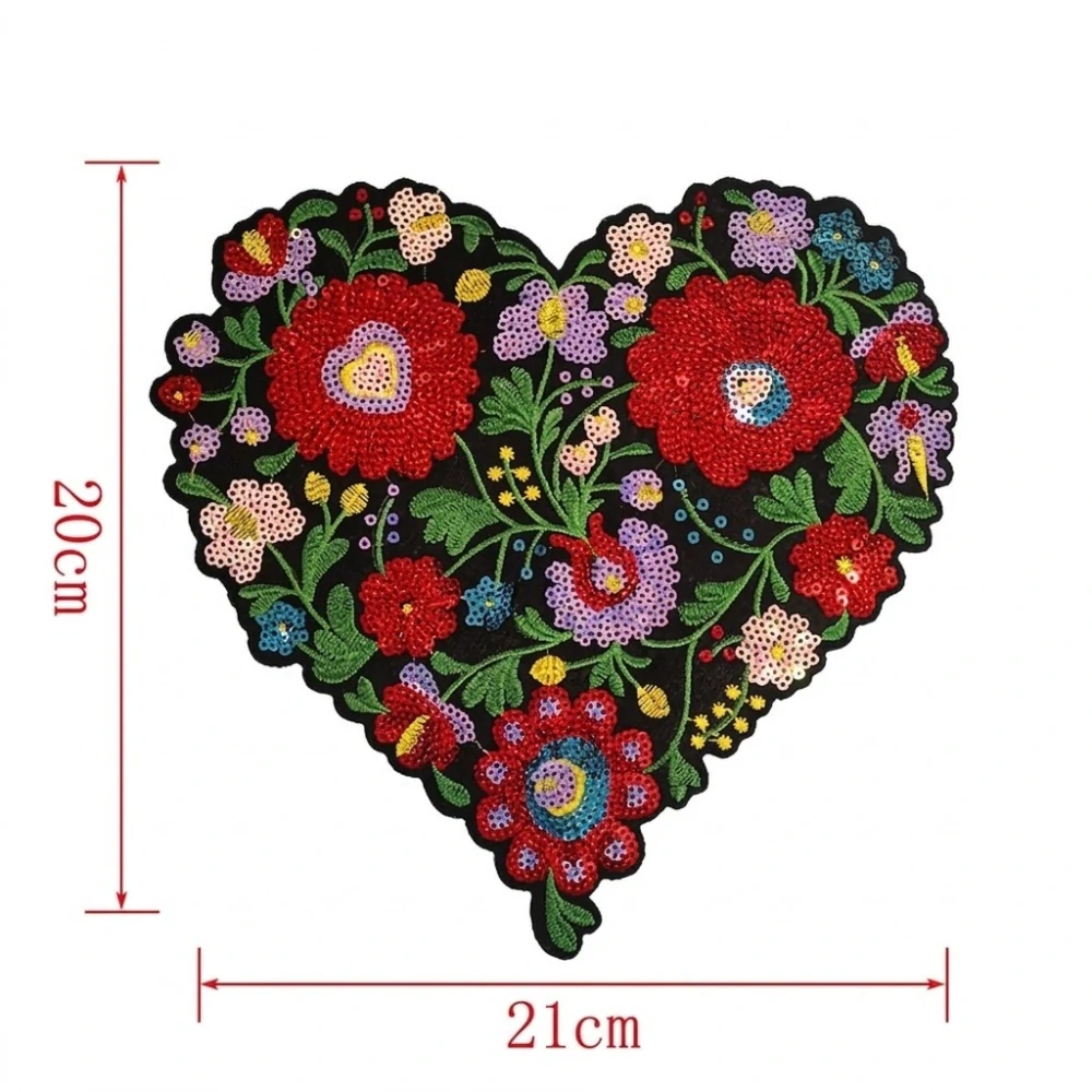 Veľká flitrová nažehľovačka - ľudové srdce červené ruže 20 x 21cm