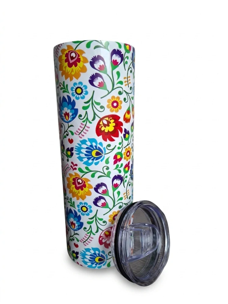 Nerezový termopohár uzatvárateľný vrchnák 590ml "tumbler"- kvety na bielom pozadí