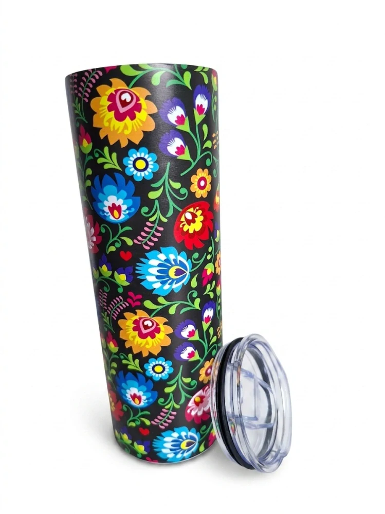 Nerezový termopohár uzatvárateľný vrchnák 590ml "tumbler"- kvety na čiernom pozadí