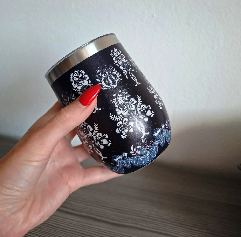 Nerezový termohrnček uzatvárateľný vrchnák - liptovská modrotlač 350ml - nerezový lem