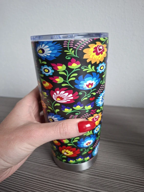 Nerezový termopohár uzatvárateľný vrchnák 590ml - kvety na čiernom pozadí
