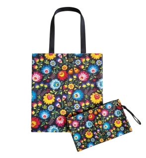 Nákupná taška + kozmetická taštička - kvety na čiernom pozadí