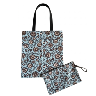 Nákupná taška + kozmetická taštička - kvety na tyrkysovom pozadí