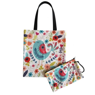 Nákupná taška + kozmetická taštička - tyrkysový vtáčik