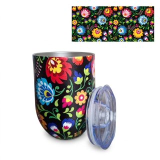Nerezový termohrnček uzatvárateľný vrchnák - kvety na čiernom pozadí 350ml