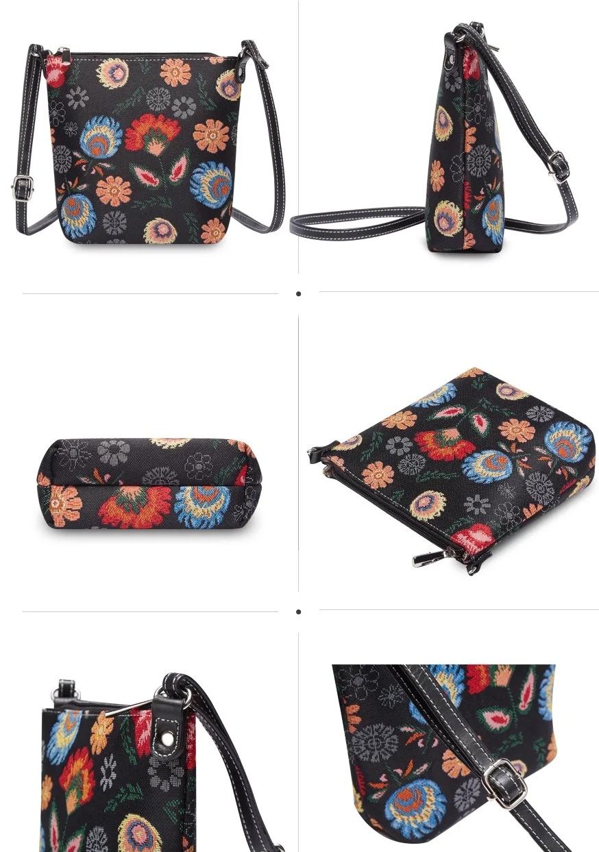 Gobelínová kabelka na plece ľudovým motívom - čierna