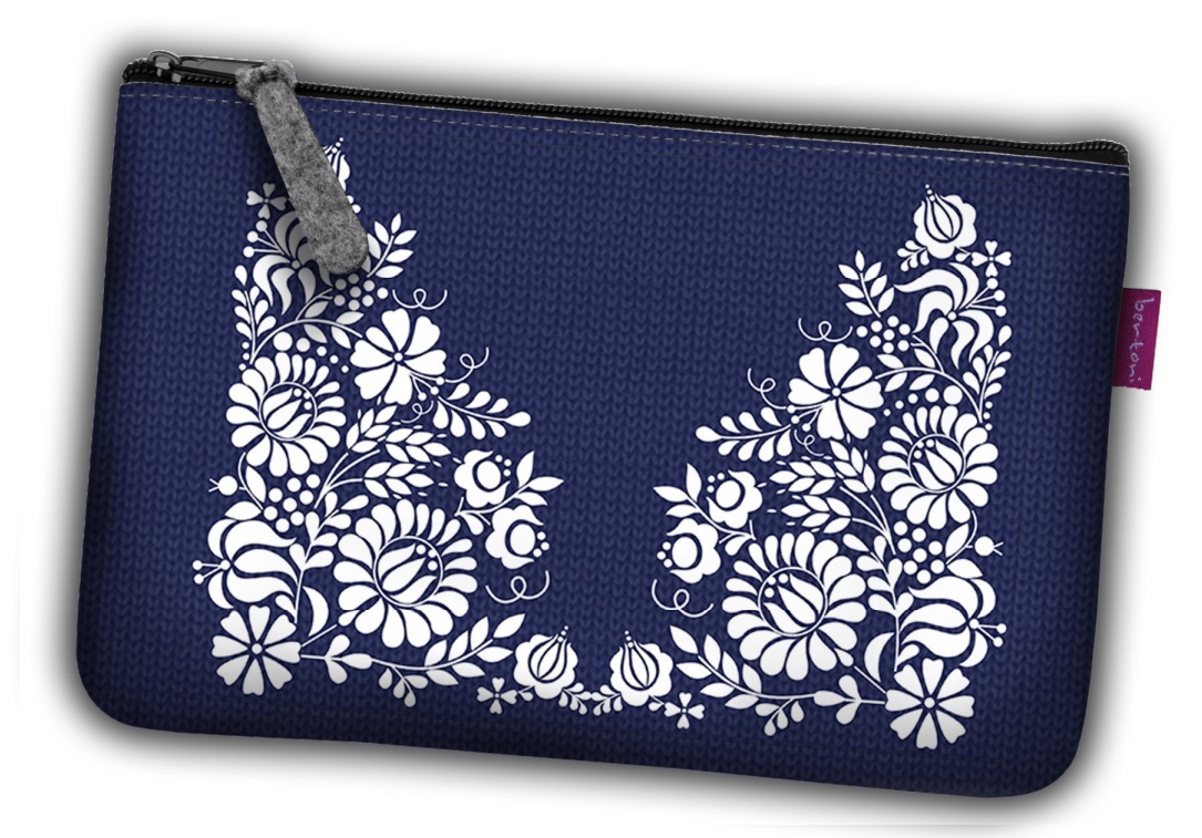 Kozmetická taštička XL 31x20 - biely ornament na modrom pozadí