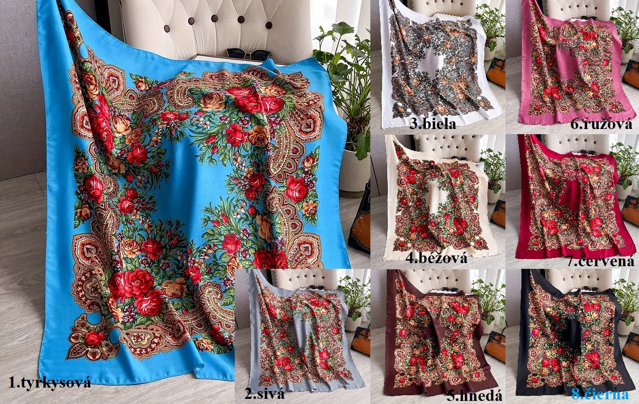 Štvorcová šatka so vzorom ľudových ruží 105cm x 105cm 