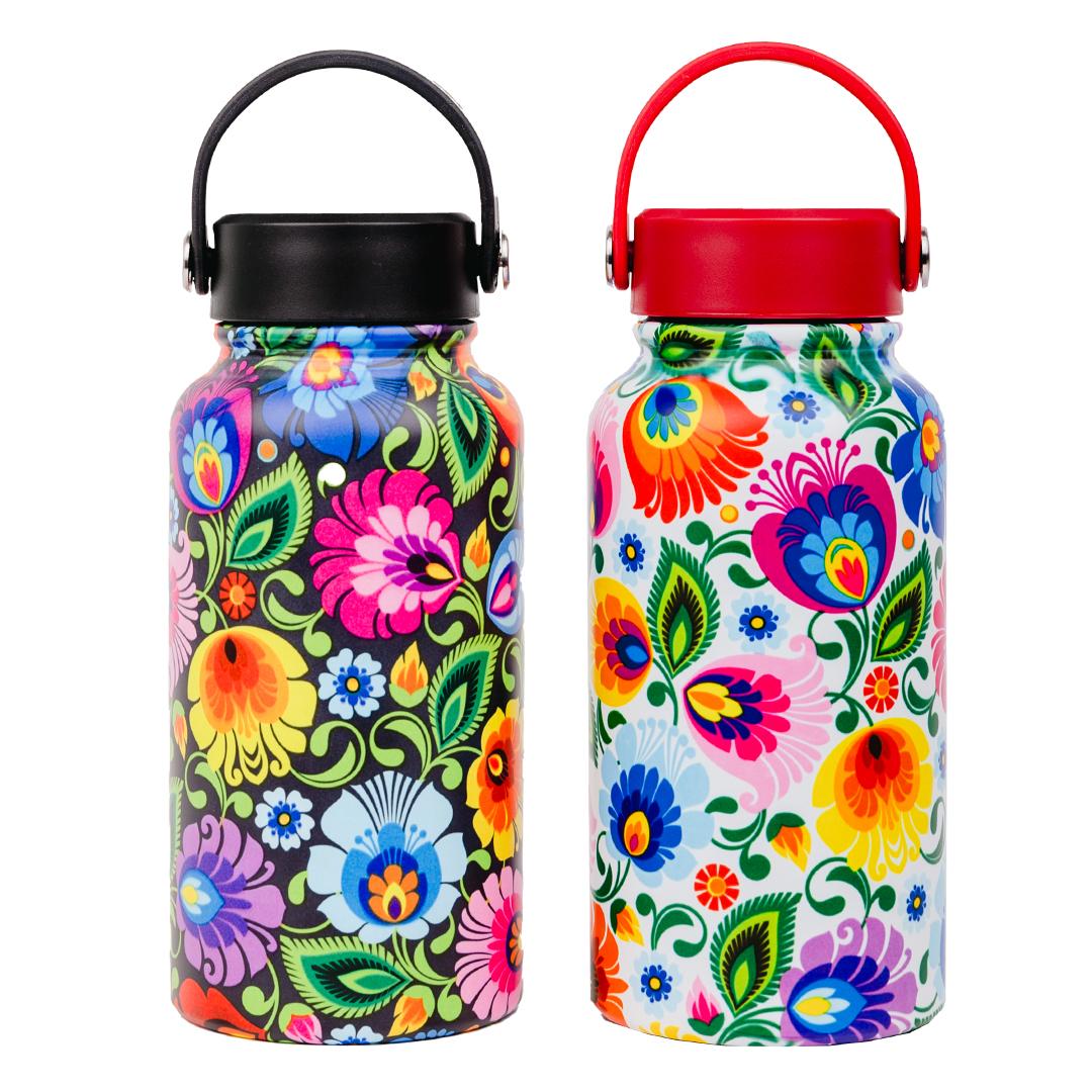 Termofľaša s ľudovým motívom 650ml - kvety na čiernom pozadí
