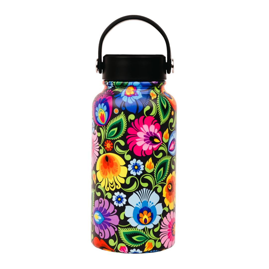 Termofľaša s ľudovým motívom 650ml - kvety na čiernom pozadí