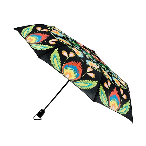 Automatický skladací dáždnik - kvety na čiernom pozadí