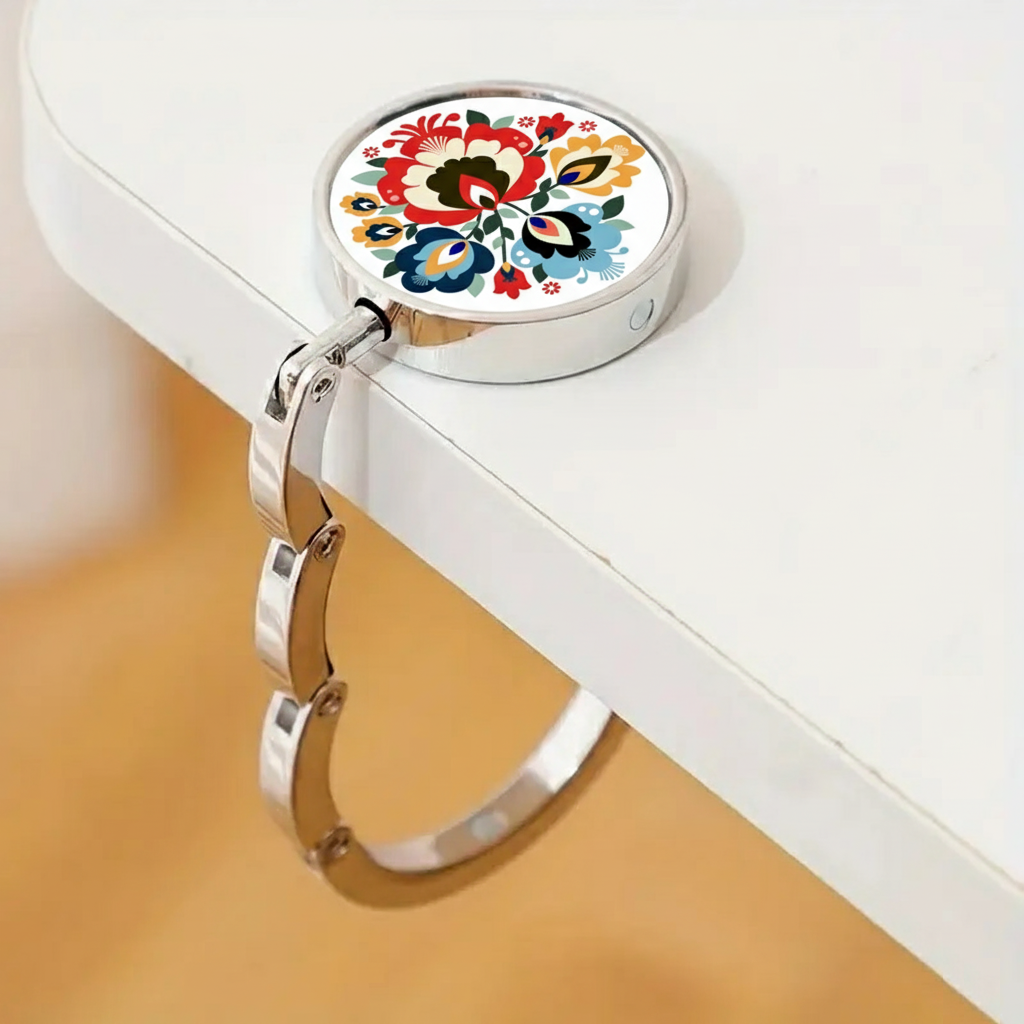 Kovový háčik, držiak na kabelku - farebný kvet