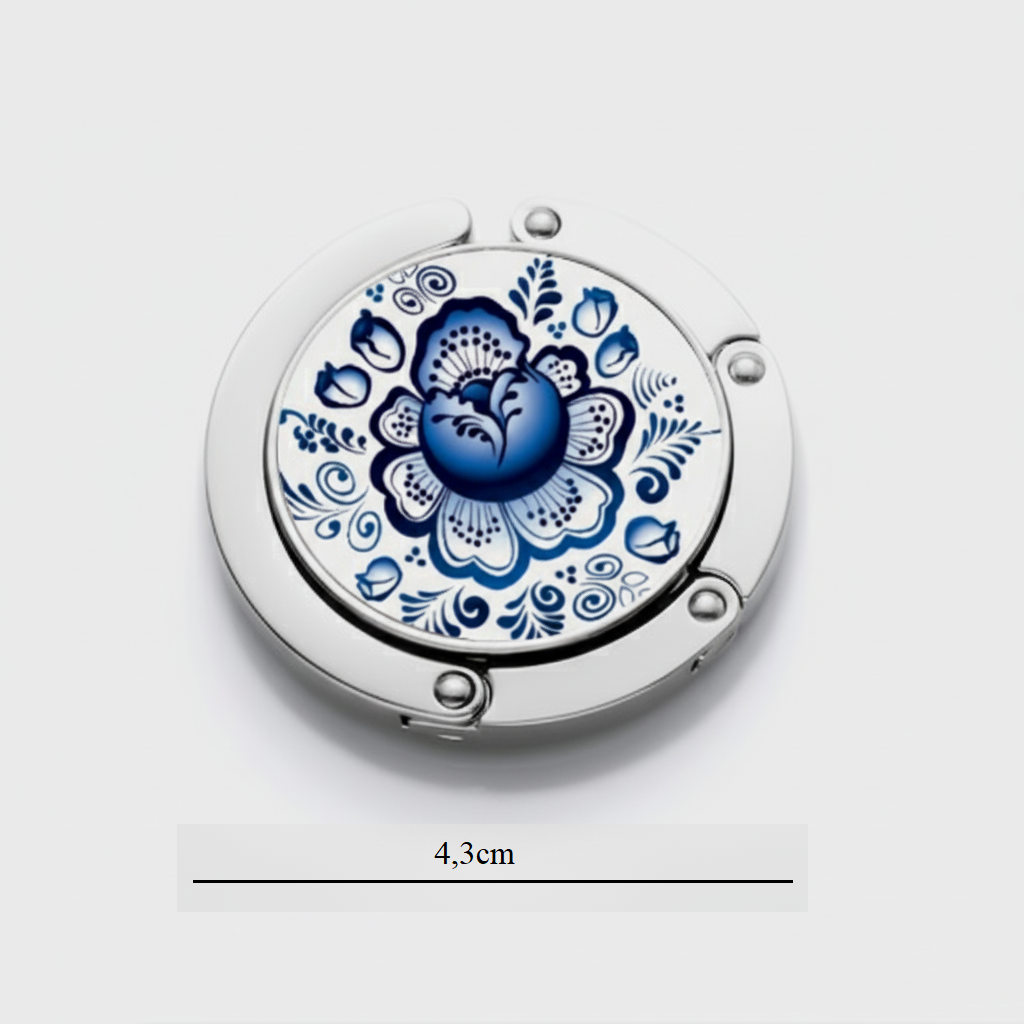 Kovový háčik, držiak na kabelku - modrý kvet