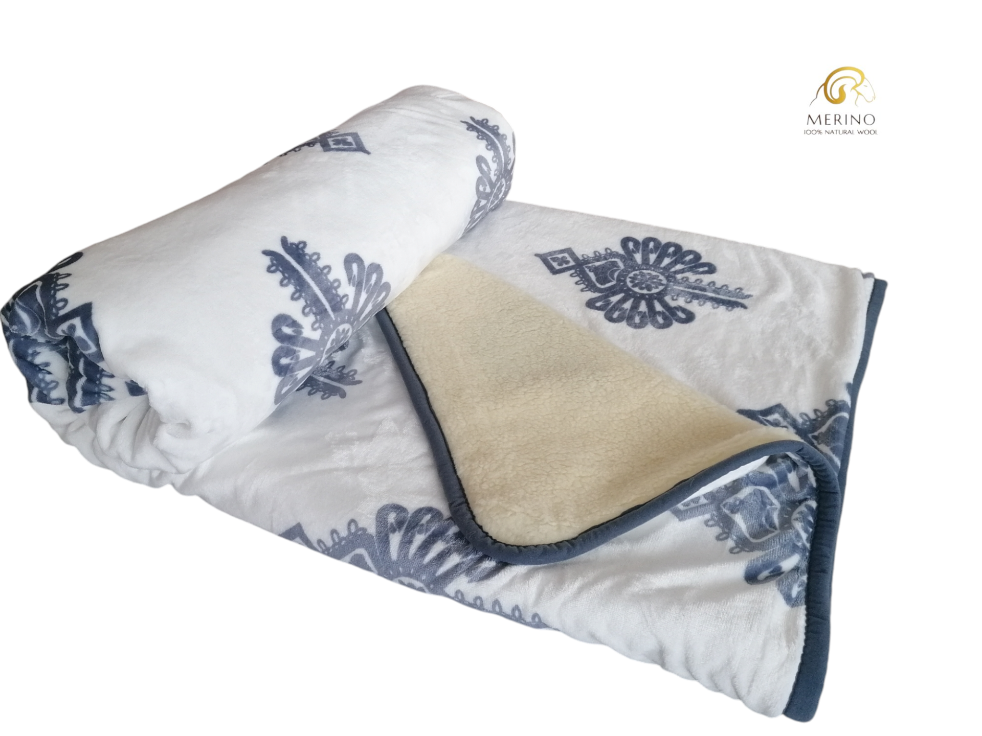 Luxusná dvojvrstvová MERINO deka 220x200 goral - biela/oceľovošedý ornament