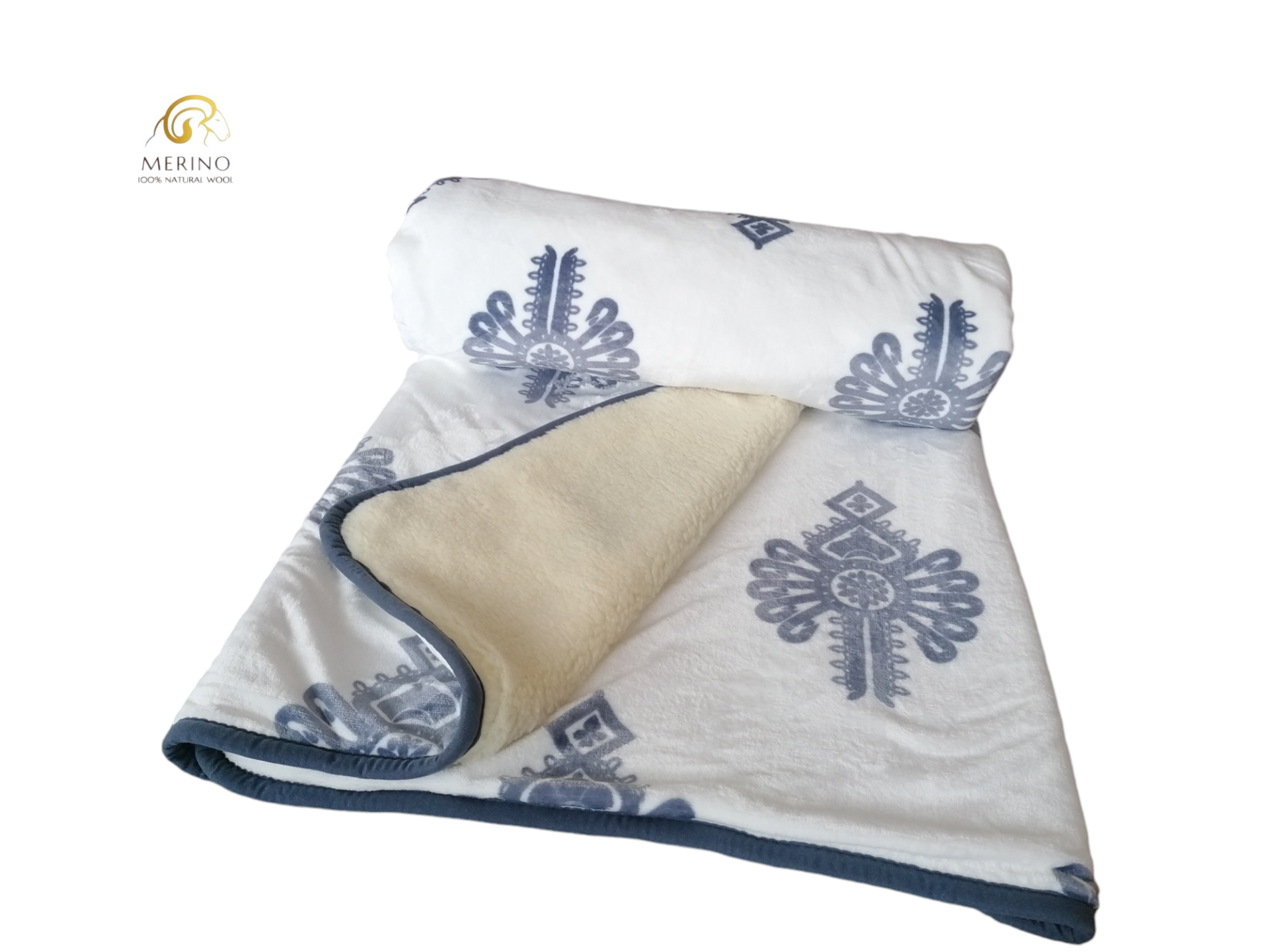 Luxusná dvojvrstvová MERINO deka 220x200 goral - biela/oceľovošedý ornament