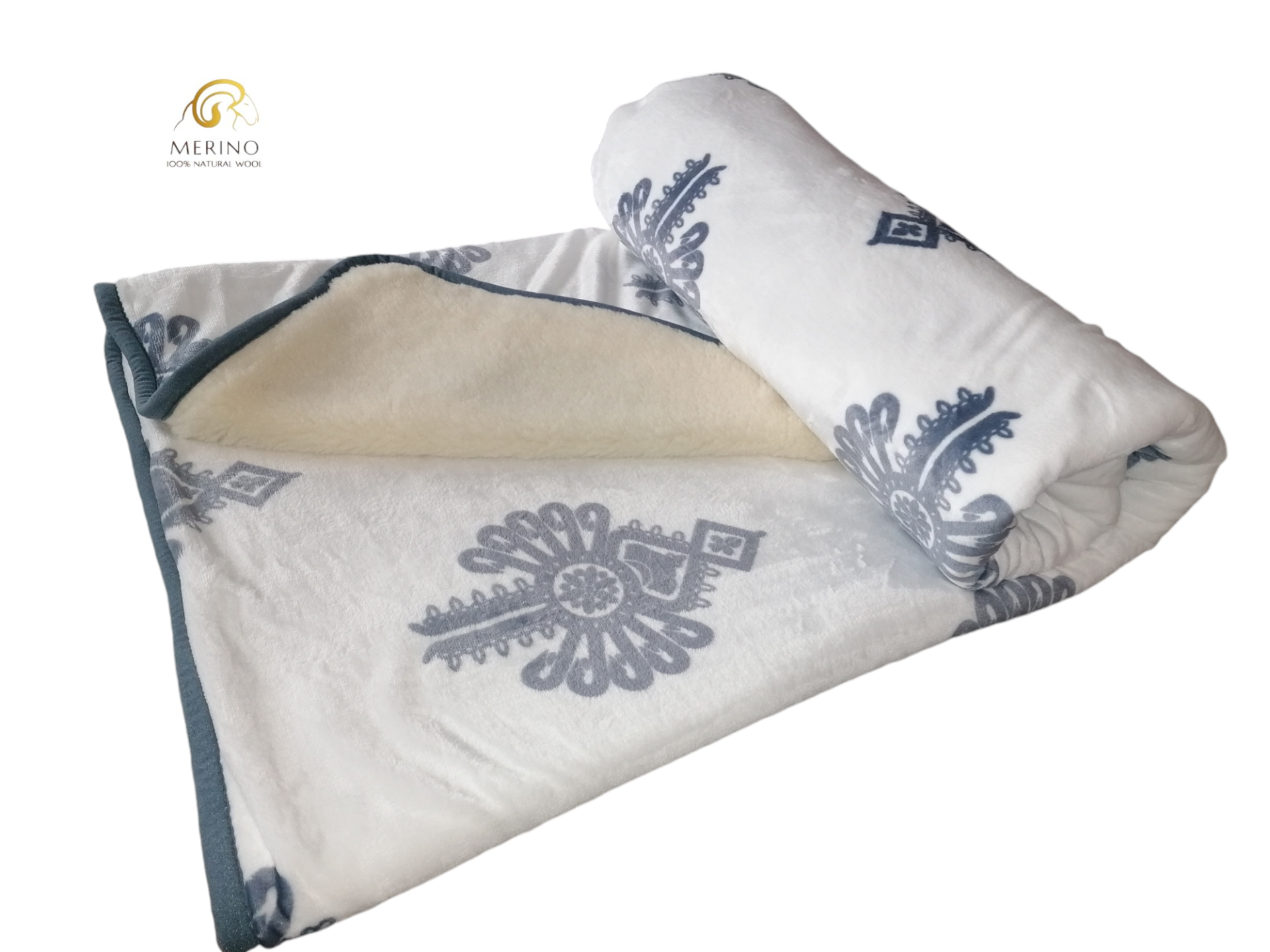 Luxusná dvojvrstvová MERINO deka 220x200 goral - biela/oceľovošedý ornament