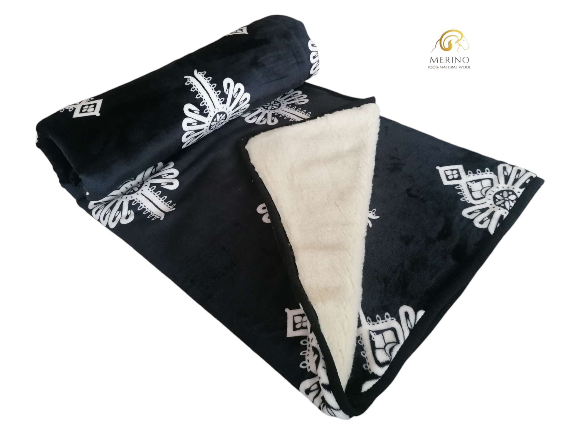 Luxusná dvojvrstvová MERINO deka 150x200 goral - čierna/biely ornament