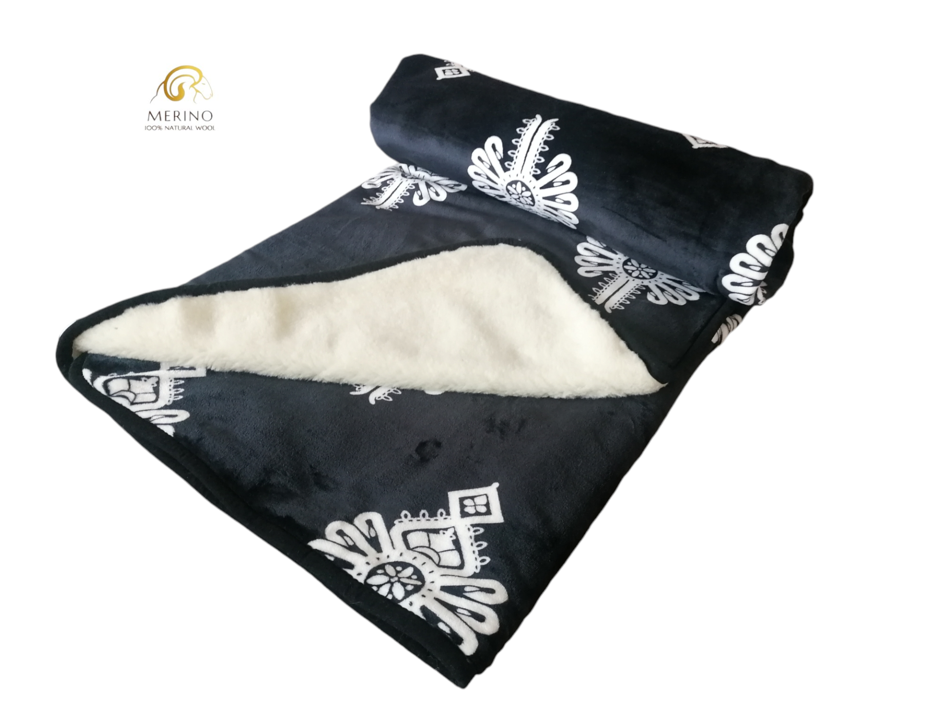 Luxusná dvojvrstvová MERINO deka 150x200 goral - čierna/biely ornament