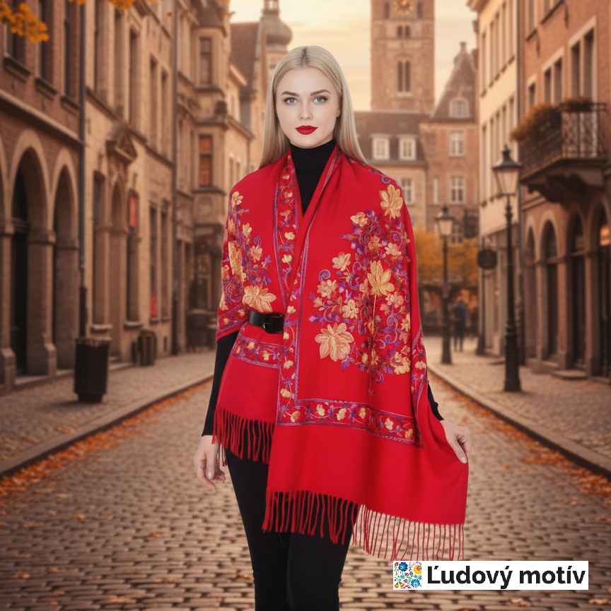 Dlhý hrubý teplý šál s ľudovou výšivkou - 70cm x 200cm - červený (fialové nite)