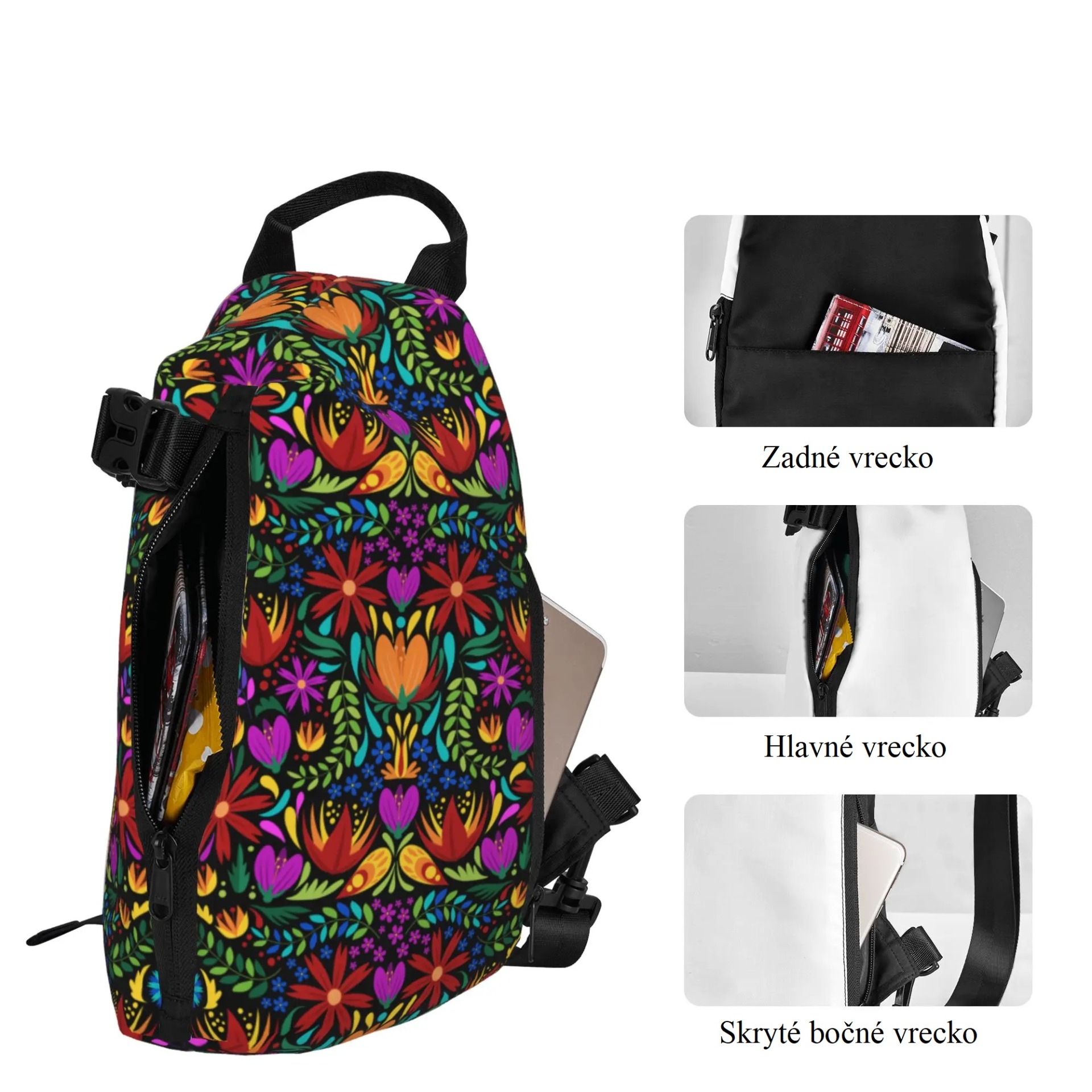 Ruksak SLIM s vertikálnym zipsom- kvety na bielom pozadí
